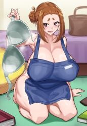 1girls apron apron_only big_breasts blue_apron bra breasts busty curvaceous curvy curvy_body curvy_female curvy_figure female huge_breasts kaii_to_otome_to_kamikakushi large_breasts mole mole_under_eye nez-box short_eyebrows small_eyebrows sumireko_ogawa thick_thighs thighs voluptuous