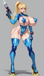 1girls ai_generated bimbo bimbo_body bimbo_lips bimbofication bimbofied blonde_hair breasts covered_nipples female full_body gun heels high_heels huge_breasts latex leotard lips metroid nintendo otace pasties platform_heels ponytail samus_aran skin_tight solo thighhighs