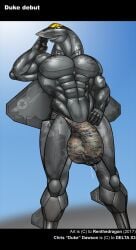 aeromorph aircraft alternate_version_available blue_eyes bulge clothing cum duke_(delta_x3) f-22 genital_fluids humanoid humanoidized living_aircraft living_machine male male_only mostly_nude muscular muscular_male renthedragon solo thong