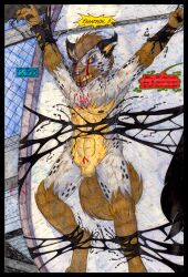 2023 anthro autumn_williams balls black_border blood bodily_fluids border colored_pencil cougar_leon duo feet female female/female fur genitals hair hi_res humanoid hyena hysteria_klyntar javier_hernandez male male/female mammal markings marvel nipples nude paws simple_background spots spotted_body spotted_fur spotted_hyena symbiote tail text traditional_media_(artwork) were werehyena