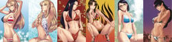 6+girls 6girls american_flag american_flag_bikini arms_behind_head balalaika bikini bikini_pull black_hair black_lagoon blonde_hair blue_eyes breasts brown_eyes burn_scar casual_one-piece_swimsuit cleavage copyright_name din_(raiden) earrings eda fat_breasts female female_only flag_print flame_print flat_belly floral_print glasses grin hairband hand_on_own_head hand_on_own_neck highres jewelry large_breasts li_xinlin long_hair long_image looking_at_viewer multiple_girls nature navel o-ring_bikini one-piece_swimsuit outdoors purple_hair rectangular_glasses red-framed_glasses revy roberta scar shenhua short_hair side-tie_bikini sidelocks sky smile swimsuit tan tanline tattoo wide_image