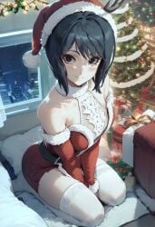 1girls ai_generated bedroom black_eyes black_hair blush christmas christmas_clothing christmas_headwear christmas_outfit christmas_tree civitai female female_focus female_only indoors kneeling looking_at_viewer naruto night shizune smile solo solo_female thick_thighs thighhighs thighs viewed_from_above yercyu