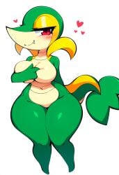 1girl 1girls 2024 2024s ai_generated anthro anthrofied bedroom_eyes belly belly_button big_breasts blush breasts curvy_figure eyelashes fang fang_out featureless_breasts female female_focus female_only game_freak gen_5_pokemon generation_5_pokemon green_body half-closed_eyes heart hearts hellsonger hi_res looking_at_viewer narrowed_eyes navel nintendo non-mammal_breasts nude pokémon_(species) pokemon pokemon_(creature) pokemon_(franchise) pokemon_(game) pokemon_(species) pokemon_bw red_eyes reptile scalie scalie_female seductive short_stack simple_background smile snivy solo tail teeth thick_thighs thighs voluptuous white_background wide_hips