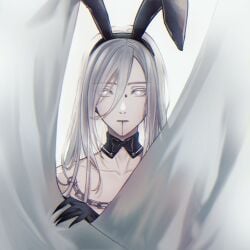 1girls angon623_(artist) behind_curtain blank_eyes bow_tie bunny_ears chains curtains emotionless hiding_breasts looking_at_viewer monster_hands no_bra nose_piercing nox_(path_to_nowhere) nude path_to_nowhere white_eyes white_hair white_skin