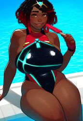 ai_generated alternate_hairstyle alternate_skin_color black_skin blackened_pyra blackwashed brown_lips curly_hair curvy dark_red_hair dreadlocks gradient_hair hair_ornament lips one-piece_swimsuit pool pyra pyra_(pro_swimmer)_(xenoblade) pyra_(xenoblade) race_swap robofun shiny_skin short_hair skindentation smile thick_lips tiara very_dark_skin xenoblade_chronicles_2