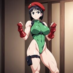 1girls ai_generated black_eyes black_hair cammy_white_(cosplay) color combat_boots cosplay female fingerless_gloves green_leotard hair_ornament headwear huge_breasts kirigaya_suguha leotard light-skinned_female light_skin muscular primer_ai red_gloves short_hair skinny solo sword_art_online uncensored