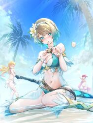 3girls alternate_costume anna_(fire_emblem) aqua_bikini ass bare_shoulders beach bikini blonde_hair blue_bikini blue_eyes blue_hair blue_sky blue_swimsuit blush breasts clear_glass_(mildmild1311) cleavage criss-cross_halter earrings feather_trim feh_(fire_emblem_heroes) female female_only fire_emblem fire_emblem_heroes fjorm_(fire_emblem) fjorm_(summer)_(fire_emblem) flower gradient_hair hair_flower hair_ornament halterneck highres jewelry long_sleeves looking_back medium_breasts multicolored_hair multiple_girls navel official_alternate_costume outdoors palm_tree princess red_bikini red_hair red_swimsuit royalty sharena_(fire_emblem) short_hair side-tie_bikini_bottom sky smile solo_focus swimsuit tree water white_bikini white_swimsuit