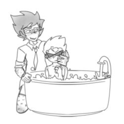 alpha_john_egbert bath bathing bathtub black_hair black_hair_male blonde_hair blonde_hair_male body_hair bro_strider clothed clothed_male dirk_strider drawingwithmyd glasses hair homestuck john_egbert male male_focus nude nude_male shades short_hair short_hair_male spiky_hair sunglasses tie