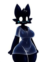 :3 ai_generated anthro armwear big_breasts black_body black_fur blush breasts cleavage clothed clothing female fur goo_creature hair hellsonger hi_res legwear looking_at_viewer mammal no_pupils owo shirt silly_cat_(mauzymice) simple_background smile solo thick_thighs topwear white_background wide_hips