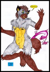 2022 anthro balls black_border border colored_pencil cougar_leon duo feet fur genitals hi_res humanoid hyena javier_hernandez male male/male mammal manic_klyntar markings marvel nipples nude paws simple_background spots spotted_body spotted_fur spotted_hyena symbiote tail traditional_media_(artwork) were werehyena