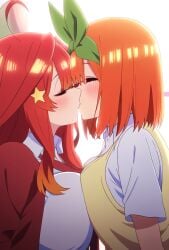 ai_generated blush breast_press closed_eyes fully_clothed go-toubun_no_hanayome incest large_breasts nakano_itsuki nakano_yotsuba orange_hair red_hair sisters yuri