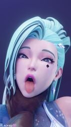 1boy 1girls 3d allblacked3d blue_background blue_eyes blue_hair dark-skinned_male disembodied_hand hand_on_head hand_on_throat jewelry k/da_all_out_seraphine k/da_all_out_series k/da_series league_of_legends league_of_legends:_wild_rift legends_of_runeterra looking_at_another looking_at_viewer looking_pleasured male open_mouth queen_of_spades riot_games seraphine_(league_of_legends) tattoo tattoo_on_face tongue tongue_out