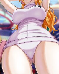 1girls armpits ass_visible_through_thighs background bare_arms bare_legs bare_shoulders bare_thighs big_breasts clothed clothing color female female_focus female_only hi_res hiyozuki large_breasts licking_lips light-skinned_female light_skin long_hair low-angle_view nami nami_(one_piece) one_piece one_piece:_egghead_arc orange_hair panties post-timeskip shounen_jump solo solo_female tagme thick_thighs tongue_out underboob white_panties