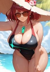 aged_up ai_generated bent_over chest_jewel core_crystal_(xenoblade) female hair_ornament leaning_forward looking_at_viewer looking_down mature_female milf one-piece_swimsuit plump pyra pyra_(pro_swimmer)_(xenoblade) pyra_(xenoblade) robofun sun_hat sunglasses thick tiara wide_hips xenoblade_(series) xenoblade_chronicles_2