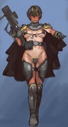 1girls armor bikini blush cameltoe cape cleavage female female_only gun helldiver_(helldivers) helldivers helldivers_2 medium_breasts mossa navel pointy_teeth revealing_clothes rokmc_chan short_hair skimpy_clothes soldier solo solo_female standing