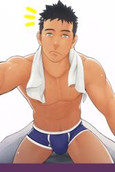 1boy abs bara bed big_bulge black_hair blue_briefs blue_underwear body_hair briefs briefs_only bulge facial_hair green_eyes happy_trail human human_only itto_(mentaiko) light_green_eyes looking_at_viewer looking_down looking_down_at_viewer low-angle_view male male_only muscle muscles muscular muscular_male on_top_of_viewer pecs pout pouting pov pov_eye_contact pubic_hair solo solo_focus solo_male straddling topless topless_male towel towel_around_neck underwear underwear_only undressing wet wet_body wet_hair wet_skin white_towel