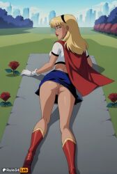 1girls ai_generated anus artist_name ass blonde_hair blue_eyes blue_skirt boots breasts cape clothes_lift crop_top day dc dc_comics dcau flower from_behind gloves hairband hi_res justice_league justice_league_unlimited kara_zor-el knee_boots kneepits lipstick long_hair looking_at_viewer looking_back lying medium_breasts midriff miniskirt no_panties on_stomach outdoors pussy red_cape red_flower red_footwear red_rose rose rule34lab shirt short_sleeves skirt skirt_lift sky solo supergirl superhero superman_(series) uncensored white_gloves white_shirt