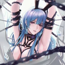 1girls angon623_(artist) armpits arms_up bdsm_outfit behind_curtain belt belt_collar big_breasts blue_hair bunny_ears chained chains curtains hamel_(path_to_nowhere) hiding_breasts leather_straps long_hair looking_at_viewer no_bra nude path_to_nowhere purple_eyes water_droplets white_background