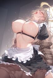 ai_generated akane_(blue_archive) areolae blue_archive blush breasts dark-skinned_male light-skinned_female long_hair maid maid_uniform nipples riding_penis sex