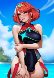 1futa ai_generated arm_grab biting_lip blush bulge erection_under_clothes futanari hand_on_own_arm holding_own_arm looking_to_the_side newhalf nsfw one-piece_swimsuit pyra pyra_(pro_swimmer)_(xenoblade) pyra_(xenoblade) robofun solo standing thick_lips trans_(lore) trans_woman_(lore) xenoblade_(series) xenoblade_chronicles_2