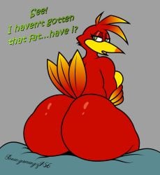 anthro ass avian banjo-kazooie big_butt bird breasts breegull dialogue eyelashes female green_eyes hi_res kazooie looking_at_viewer looking_back nude nude_female open_mouth rareware solo sonic_gaming456 text thick_thighs thighhighs thighs