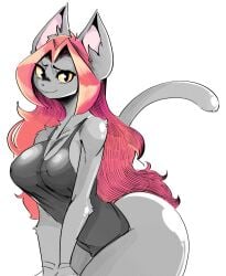 2024 anthro ass bangs bedroom_eyes bent_over big_breasts big_butt breasts chest_tuft cleavage clothed clothing colored digital_drawing_(artwork) digital_media_(artwork) domestic_cat ear_tuft eyeshadow felid feline felis female from_behind_position fur fur_tuft grey_body grey_fur hair hi_res huge_butt inner_ear_fluff long_hair looking_at_viewer makeup mammal narrowed_eyes nipple_outline noirchaton4 pink_nose pointy_ears portrait rear_admiral_position red_hair sara_(noirchaton4) seductive sex shaded simple_background small_waist smile smiling_at_viewer smug smug_face solo tail textless thick_thighs three-quarter_portrait tight_clothing topwear tuft wide_hips yellow_eyes