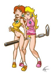 2girls blonde_hair blue_eyes blush bottomless breasts brown_hair crown damned-franhoiss earrings female female_orgasm golf golf_club mario_(series) mario_golf multiple_girls nintendo orgasm princess_daisy princess_peach pussy shoes yuri