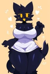 absurd_res ai_generated anthro big_breasts blush bottomless breasts cleavage clothed clothing domestic_cat felid feline felis female fur goo_creature heart hellsonger hi_res looking_at_viewer mammal shirt silly_cat_(mauzymice) simple_background smile solo thick_thighs topwear wide_hips yellow_eyes yellow_sclera