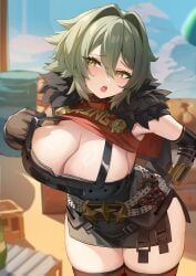 :o alternate_breast_size armpits black_dress black_jacket blue_sky breasts caesar_king caesar_king_(zenless_zone_zero) cleavage dress female fur-trimmed_jacket fur_trim green_hair hair_intakes highres huge_breasts jacket open_mouth outdoors prosthesis prosthetic_arm sand short_hair sky solo takibi_(tamikyo) teeth thighs upper_teeth_only yellow_eyes zenless_zone_zero