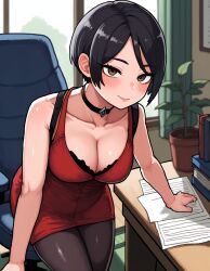 ada_wong ai ai_generated akiya292 bare_arms bare_shoulders big_breasts black_hair breasts brown_eyes cleavage dress fit fit_female legs lips office resident_evil short_hair smile standing tagme thighs