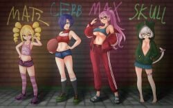 basketball_(ball) big_breasts blonde_hair blue_eyes braless breasts brick_wall crop_top glasses green_eyes green_hoodie grin hair_over_one_eye hand_on_hip hands_in_pockets hood_up hoodie kaschmatz long_hair medium_breasts midriff nipples_visible_through_clothing no_shoes open_clothes open_hoodie original original_character panties peace_sign pink_hair ponytail red_eyes sandals see-through shoes short_hair short_shorts shorts skirt sleeveless_shirt small_breasts smile socks sportswear striped_legwear tagme tail tongue_out twintails white_hair