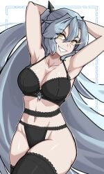 1girls 2d 2d_(artwork) 2d_artwork almost_naked arbiter_the_hermit_ix_(azur_lane) arms_behind_head arms_up artist_request azur_lane black_bra black_panties black_stockings bra breasts eye_flame female_only glowing_eyes grey_hair legs legwear long_hair looking_at_viewer panties simple_background siren_(azur_lane) smile smiling solo_female stockings tagme teasing teasing_viewer thick_thighs white_body white_skin yellow_eyes