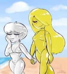 beach bikini blue_eyes bodypaint brown_eyes couple cute gold_paint juleka_couffaine miraculous_ladybug one-piece_swimsuit rose_lavillant silver_paint wam wet_and_messy