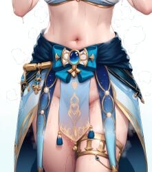 18g35bx 1boy 1girls ai_generated blue_gemstone blue_skirt blush bow breasts brooch close-up clothing female genshin_impact groin harem_outfit head_out_of_frame jewelry long_hair male navel nilou_(genshin_impact) pelvic_curtain penis simple_background skirt solo steam stomach sweat tassel thighlet thighs vision_(genshin_impact) wet white_background