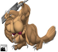 big_breasts big_claws big_muscles big_nipples breasts charr claws extreme_muscles feline female guild_wars horn huge_breasts huge_muscles leather long_neck mammal melee_weapon muscular muscular_female nipples no_humans sword thick_thighs video_games weapon xatanlion