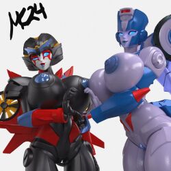 2girls 3d 3d_model athletic_female big_breasts black_body blue_eyes blue_nipples blue_tongue breasts chromia huge_breasts madkatz8 mechanical_wings naked nipples nobleseven20 nude nude_female puffy_nipples pussy red_lipstick robot robot_girl robot_humanoid simple_background tongue tongue_out transformers trawert vagina white_background windblade