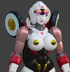 1girls arcee big_breasts blue_eyes breasts busty female female_only glasses_on_head gold_nipples madkatz8 nipples nobleseven20 red_lipstick robot robot_girl robot_humanoid solo solo_female transformers wink