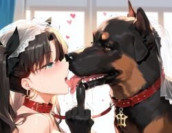 1girls ahe_gao ai_generated animal anime_style bangs black_fur black_hair blush breasts bridal_veil canine collar dog_girl drool_on_face drool_string drooling drooling_tongue earrings fate_(series) female fucked_silly gloves heart jarosh jewelry kissing leash licking long_hair open_mouth ribbon saliva saliva_drip saliva_on_tongue saliva_string saliva_trail straight tohsaka_rin tohsaka_rin_(cosplay) tongue tongue_kiss tongue_out trembling twintails veil veil_only zoophilia