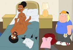 bra breasts caught chris_griffin cowgirl_position dark-skinned_female dark-skinned_male dark_skin family_guy father_and_daughter female holding_hands human incest jerome_washington male melanin pam_washington panties sex straight underwear