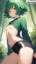 1girls ai_generated breasts cute female green_eyes green_hair hi_res light_skin nipples one-punch_man qwekk short_hair shorts small_breasts stable_diffusion sweat tatsumaki