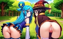 2girls ai_generated aivachan_ai aqua_(konosuba) ass_focus bent_over blue_hair blush brown_hair clothed exposed_pussy female female_only from_behind kono_subarashii_sekai_ni_shukufuku_wo! megumin multiple_girls outdoors shaved_pussy