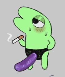 1boy 2024 adult_swim blush bodily_fluids cartoon_network cigarette critter_(smiling_friends) dildo glep_(smiling_friends) green_body grey_background half-closed_eyes male male_only narrowed_eyes purple_dildo sex_toy simple_background smiling_friends smoke solo standing strap-on strapon sweat taintedme4t