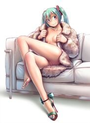 bottomless female female_only hatsune_miku heels high_heels no_bra open_clothes open_shirt pussy shirt solo uncensored vocaloid wokada