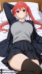 ai_generated ayasaki_remi bed blush gumi_arts hand_behind_head horimiya jacket large_breasts long_hair looking_at_viewer on_back on_bed open_jacket red_eyes red_hair school_uniform shirt skirt stable_diffusion sweater thick_thighs thighhighs twintails