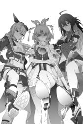 3girls ahoge bare_shoulders blush boots breasts clothed clothing cropped_jacket crossed_arms dominant_female dress feet female female_only femdom fingerless_gloves foot_focus footwear forehead_jewel from_below fu_xuan_(honkai:_star_rail) gloves hair hair_between_eyes hair_ornament high_heels honkai:_star_rail jacket leg_up long_hair long_sleeves looking_at_viewer medium_breasts monochrome multiple_girls one_leg_up pleasure_face seele_(honkai:_star_rail) shoes short_shorts shorts silver_wolf_(honkai:_star_rail) simple_background small_breasts smile smug standing standing_on_one_leg takai_isshiki thick_thighs thighs unbuttoned_shorts unzipped_jacket white_background