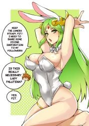 1340smile 1girls breasts bunny_ears bunnysuit dialogue english_text female female_only green_eyes green_hair kid_icarus nintendo palutena solo speech_bubble tagme text