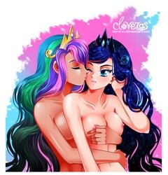 2girls blue_eyes blue_hair blush breasts closed_eyes cloveras female female_only friendship_is_magic hug human human_only humanized incest kissing long_hair multicolored_hair multiple_girls my_little_pony nude one_eye_closed princess_celestia_(mlp) princess_luna_(mlp) siblings sisters smile smooth_skin sparkle tiara wavy_hair yuri