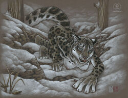 2014 anthro blue_eyes breasts casual_nudity claws clothed clothing digitigrade erect_nipples feline female kacey leopard licking licking_lips looking_at_viewer mammal nipples nude outside snow snow_leopard solo stalking tasteful_nudity tongue tongue_out topless traditional_media_(artwork) whiskers