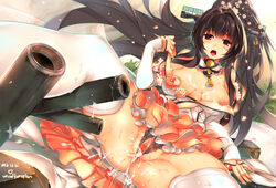 33_(mkiiiiii) black_panties breasts brown_eyes brown_hair cherry_blossoms cum cum_on_body cum_on_breasts cum_on_upper_body detached_sleeves facial female flower frilled_panties frills kantai_collection long_hair looking_at_viewer open_mouth overflow panties ponytail pussy_juice rose solo thighhighs tied_hair underwear very_long_hair white_legwear windforcelan yamato_(kantai_collection)