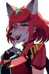 aged_up ai_generated best_quality black_lips claws core_crystal_(xenoblade) cowboy_shot dog_snout face_focus female finger_to_mouth fur furry furry_female grey_fur grin half-closed_eyes lips looking_at_viewer mature_female milf mole_under_mouth naughty_face open_mouth profile pyra pyra_(xenoblade) red_eyes red_hair robofun saliva short_hair snout solo tongue upper_body wolf_girl xenoblade_chronicles_2